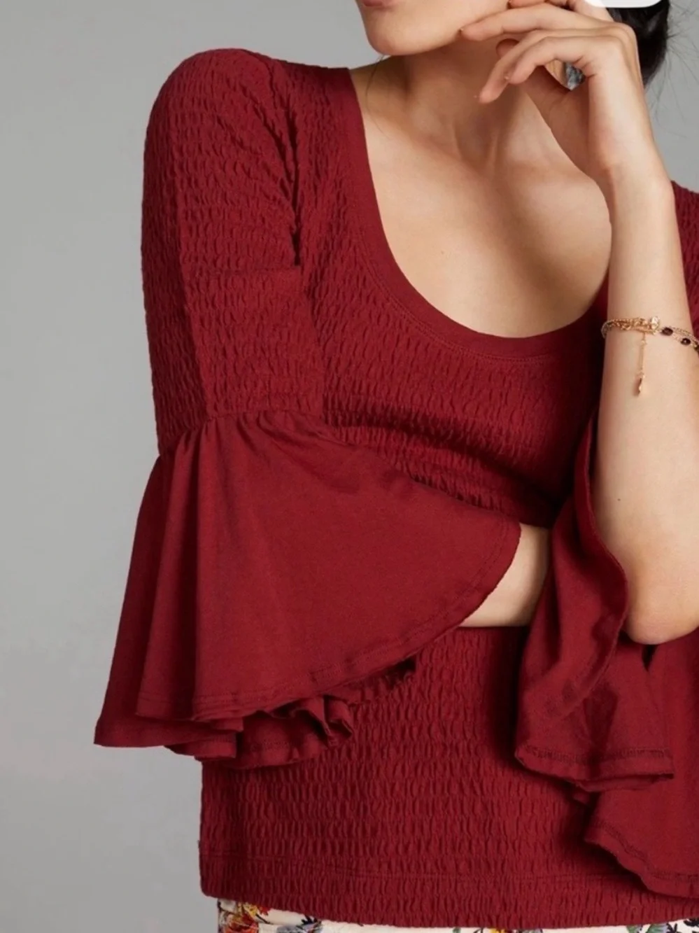 Anthropologie Wine Red Smocked Bell Sleeve Scoop Neck Top Size M